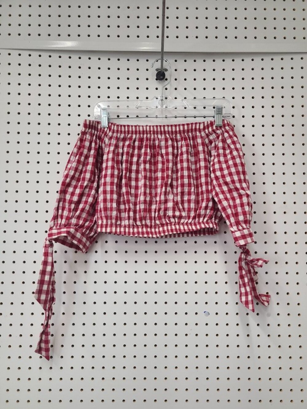 Red Gingham Off-Shoulder Crop Top With Tie Sleeves - Small